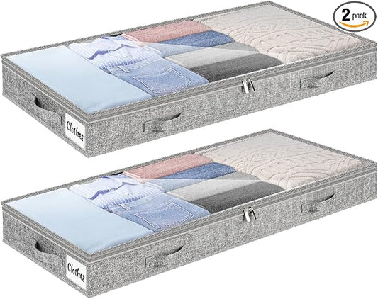 3 Inch Low Profile Under Bed Storage Drawer 2 Pack, Lightweight Underbed Clothes Storage Container Bins with NO STURCTURE, Shallow Storage Bag for Dorm & Home, With Clear Lids & Water-Resistant Fabric