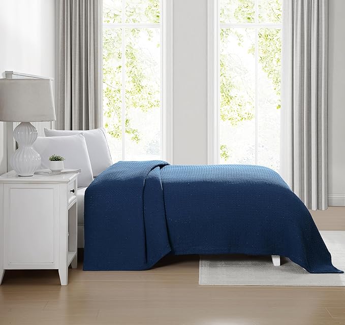 Beatrice Home Fashions Grand Hotel Lightweight All-Natural 100% Cotton Waffle Weave Blanket, Full/Queen, Navy