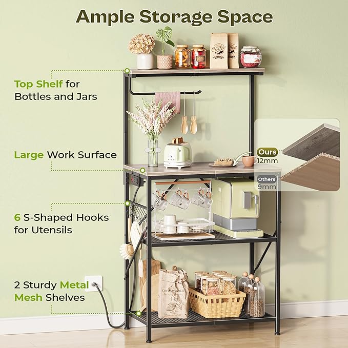 Huuger 4-Tier Bakers Rack with Reversible Power Outlet, 23.6 Inch Microwave Stand with Paper Towel Holder, Kitchen Bar, Larger Storage with Top Shelf, 6 S Hooks, Greige