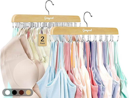 Bra Hanger for Closet, Tank Top Hangers 2 Pack w/20 Hooks Holds 40 Bras, Capacity Foldable Wood Space Saving Hanger, 360°Rotating Closet Organizers and Storage for Dorm & Apartment