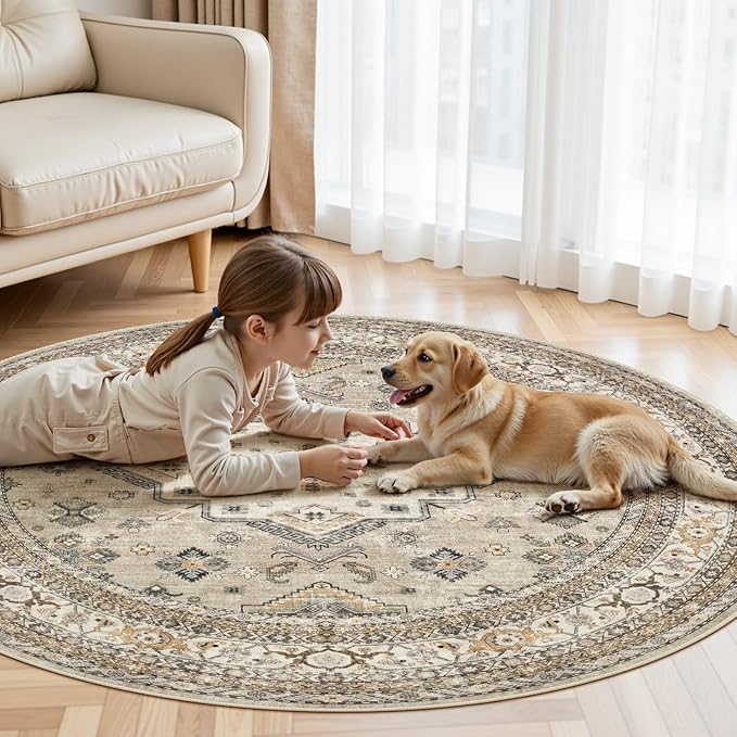 5ft Round Vintage Living Room Area Rug - 5x5 Large Soft Washable Oriental Traditional Distressed Farmhouse Rugs for Bedroom - Indoor Floor Accent Carpet for Home Office House Decor - Beige