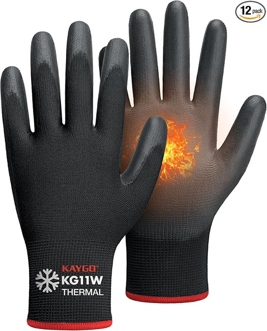KAYGO 12 Pairs Winter Work Gloves for Men and Women, Thermal Insulated Safety Work Gloves PU Coated, Super Grip,Ideal for Freezer Work,Black,L