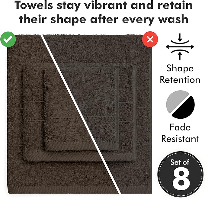 Bath Towels Set of 8 – 100% Cotton (Dark Brown) Bathroom Towel Set Bale Includes 2 Bath, 2 Hand, 4 Face Towels – Soft, Absorbent & Quick Dry Towel for Bathroom, Spa, Kitchen, Hotel Use