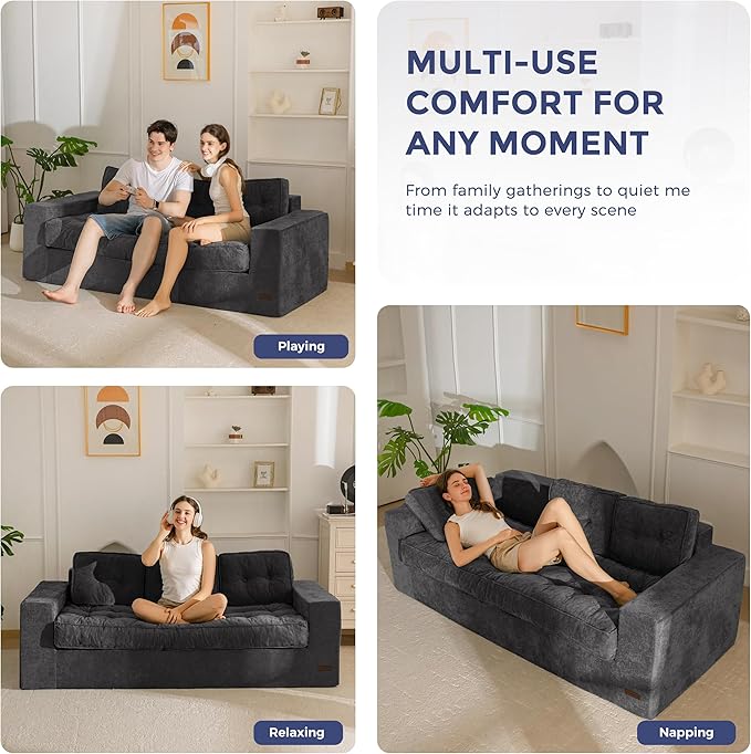 MAXYOYO Boneless Sofa Couch, 75" Oversized Loveseat Sofa, Tufted Floor Couch Bean Bag Chair for Living Room Bedroom Apartment, Sofa in a Box, No Assembly Needed, Dark Grey