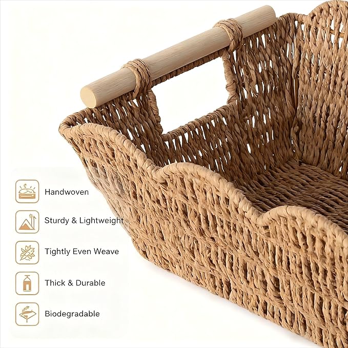 Scalloped Basket with Wooden Handle, Water Hyacinth/Seagrass/Wicker Storage Baskets, Hand Woven Baskets for Shelves,Natural Baskets for Organizing (2 Pack Paper Rope, 16.5 * 12.6 * 5.5“)