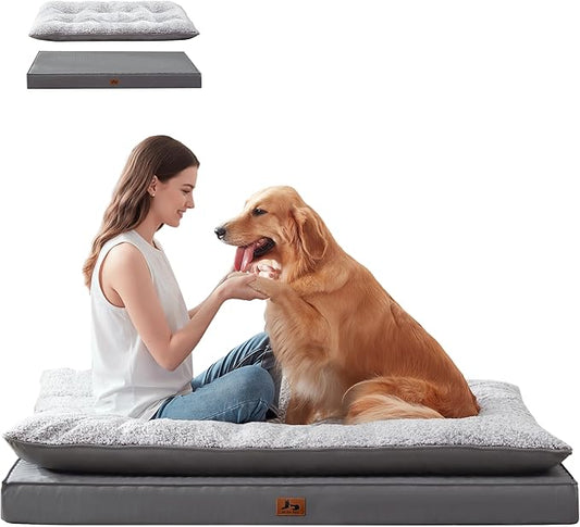 Washable Dog Bed for Medium Large Size Dog, Plush Pillow Pet Bed with Leather Egg-Crate Foam Base, Waterproof Kennel Bed with Removable Cover, 55" x 42" Comfort Cushion Bed, Dark Grey