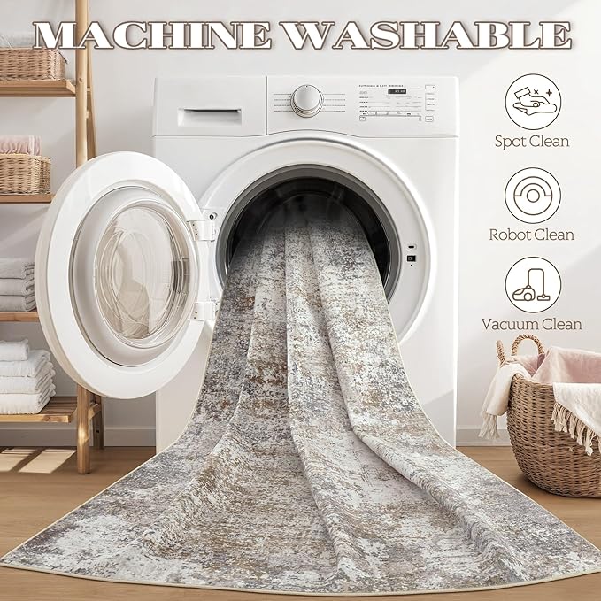 Area Rug Living Room Rugs - 7x9 Abstract Large Soft Indoor Washable Rug Neutral Modern Low Pile Carpet for Bedroom Dining Room Farmhouse Home Office - Brown/Grey/Black