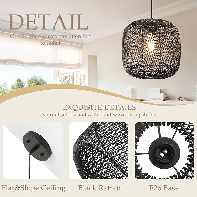 Black Rattan Pendant Light, 11in Rattan Chandelier Hand-Woven Wicker Hanging Lighting Fixtures Boho Pendants Lights for Kitchen Island Dining Room Bedroom Foyer Entrance