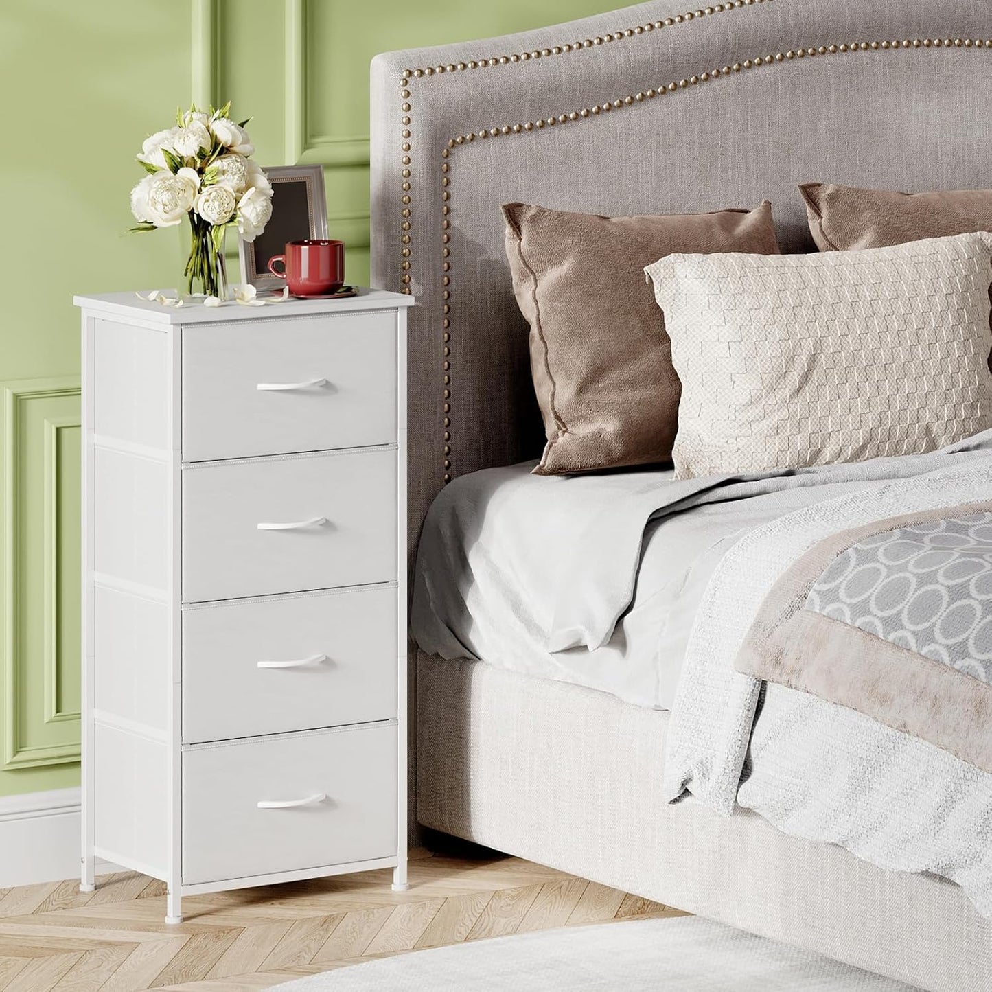 4-Drawer Fabric Dresser with Steel Frame and Wood Top