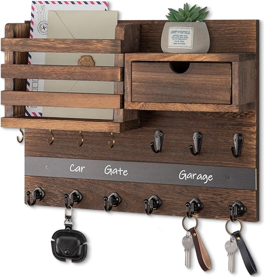 Nekon Key Holder Wall Mount, Rustic Mail and Keys Shelf for Wall Organization with 13 Hooks, Home Decor Accessory with Drawer, Brown