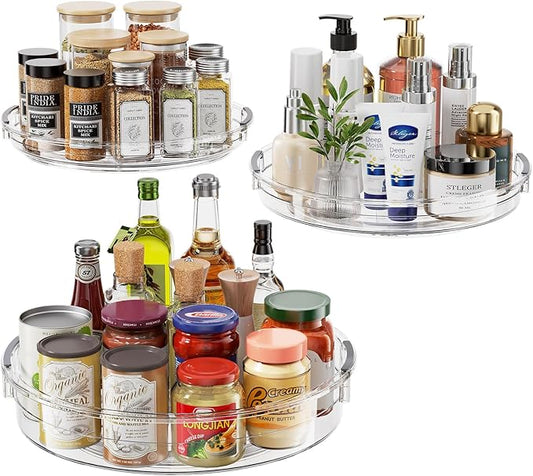 3 Pack Clear Lazy Susan Turntable Organizer for Cabinet, Table Top, Refrigerator, Kitchen Pantry Organizers and Storage, Spice Organizer, 12'', 10.6'', 9.25''