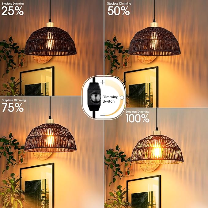 Plug in Pendant Light, Hanging Lights with 15ft Cotton Cord & Stepless Dimming Switch, Handwoven Hemp Rope Lampshade, Black Rattan Lamp for Dining Room,Hallway