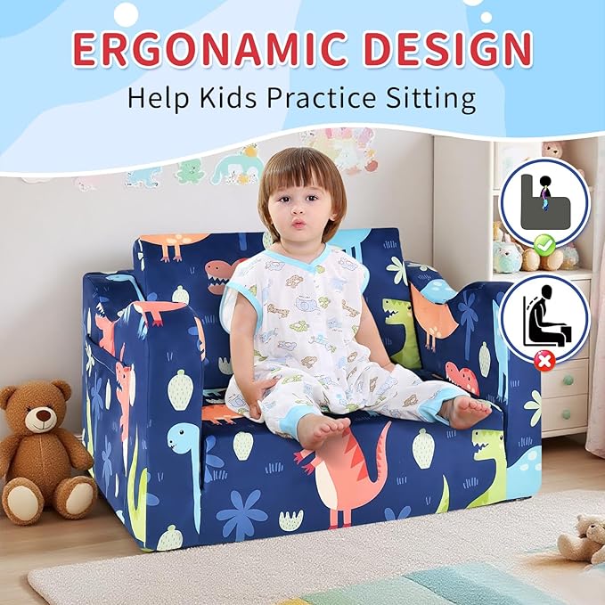 Kids Couch Sofa Toddler Sofa Dinosaur 2-in-1 Foldable Toddler Couch Bed Flip Open Kids Chair for Playroom Bedroom Gift Boys Girls