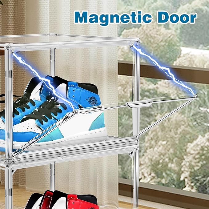 Clear Shoe Storage Boxes 6 Pack, Size 13 Acrylic Shoe Box Stackable Large Sneakers Display Case with Magnetic Door Hat Collectibles Handbag Purse Organizer for Closet