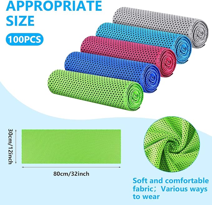 100 Pack Cooling Towels,40"x12" Ice Breathable Soft Chilly Sweat Rag Microfiber Workout Rags for Gym Cooling Towels for Neck and Face for Yoga Golf Sport Running (5 Colors)
