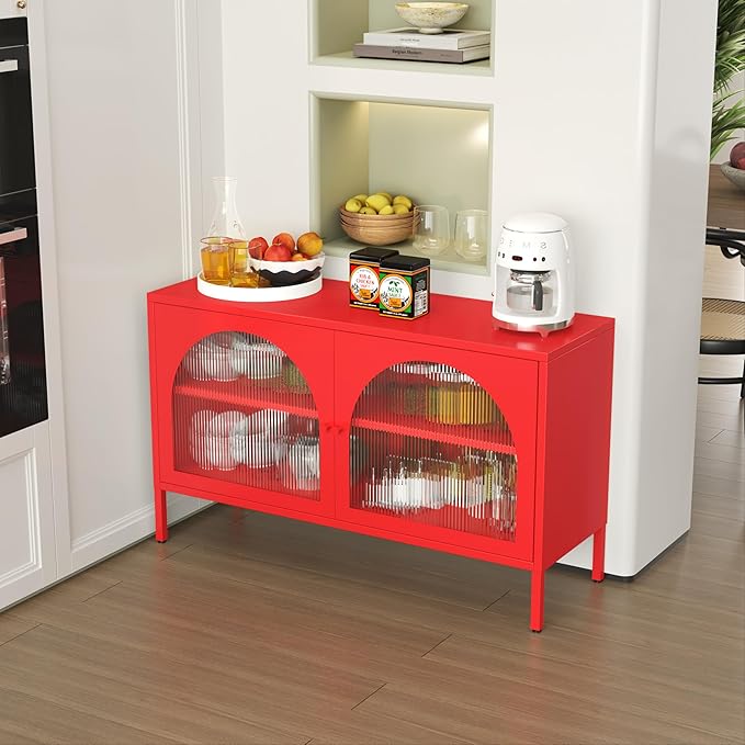 Metal TV Stand, Modern Storage Cabinet with 2 Acrylic Doors, Display Hallway Cabinet with Adjustable Shelf, Living Room Storage Cabinet for Home,Office,Entryway,Dining Room,Bedroom,Red