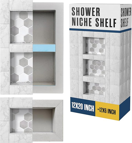 Houseables Shower Niche, Shower Niche Insert Tile Ready, Recessed Bathroom Storage, 12x20 + 12x6, in Wall Shelf, Cubby Inserts, Recessed Shampoo Caddy, Inset Shelves, Built in Nook, Soap Box, Prefab