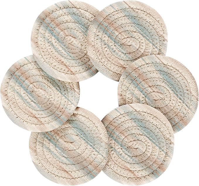 Minimalist Home Decor for Coffee Table, Kitchen, Drink Coasters, Earth Dye Stripes Handmade Cotton Absorbent Coaster Set of 6, Housewarming and Wedding Registry Ideas