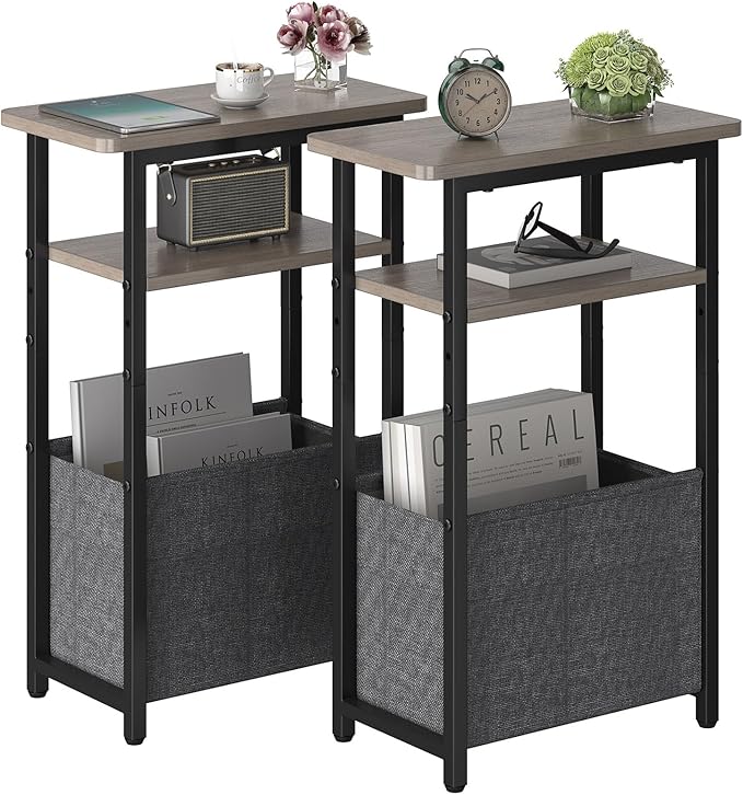 Narrow Side Table Set of 2, Skinny End Tables with Fabric Basket, Small Side Tables for Small Space,2-Tier Open Shelves with Basket, Slim Nightstands Set 2 for Bedroom,Livinroom,Office, Grey
