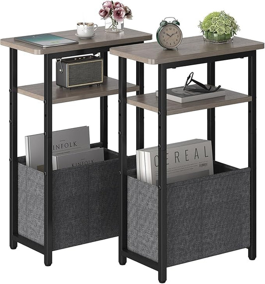 Narrow Side Table Set of 2, Skinny End Tables with Fabric Basket, Small Side Tables for Small Space,2-Tier Open Shelves with Basket, Slim Nightstands Set 2 for Bedroom,Livinroom,Office, Grey