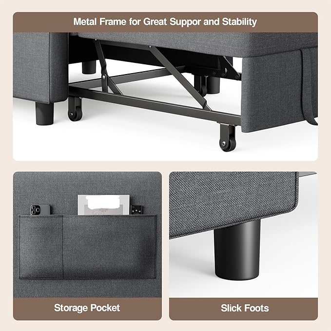 Ahomly Convertible Sofa Chair Bed, 3-in-1 Multi-Functional Sleeper Chair Bed, Adjustable Backrest Recliner with Modern Linen Fabric for Living Room Bedroom Apartment Small Space, Dark Grey