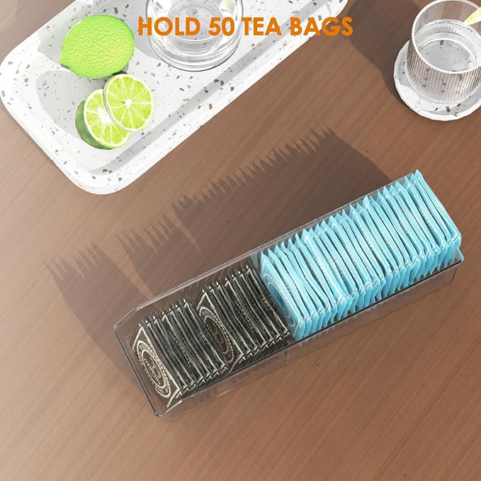 Tea Bag Organizer, Tea Bag Holder Box Storage Bin, Clear Tea Packet Plastic Drawer, Sugar Packet, Coffee, Condiment, Spice Bag Holder for Kitchen Cabinet, Countertop, Fridge