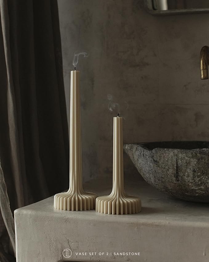 LAWA Set of 2 Vase Candle - Beautiful Handmade Pillar Unscented Soy Wax Elegant Aesthetic Candle Housewarming Gift Home Room Shelf Decor Idea Sandstone