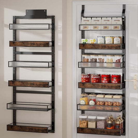 6 Tier Over the Door Pantry Organizer 2 IN 1 Hanging or Wall Mounted Spice Rack with Adjustable Basket,Heavy Duty Seasonning Storage Shelf for Kitchen Pantry and Bathroom,Black