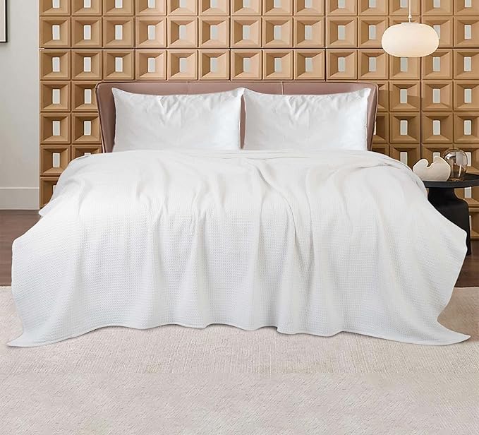 Bed & Bath Home Premium 100% Cotton Waffle Weave Blanket Twin Size – Soft Breathable Lightweight Comfort, Natural All-Season Bed Blanket, Easy-Care Bedspread for Bed & Couch (White)
