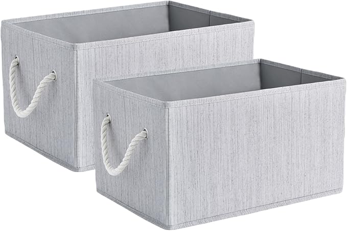 Pack of 2 Storage Bins Closet Organizer System, Sturdy Foldable Storage Boxes for Organizing Clothing, Books - Shelf Organizer Shelves Basket Storage Bin with Handles, Grey