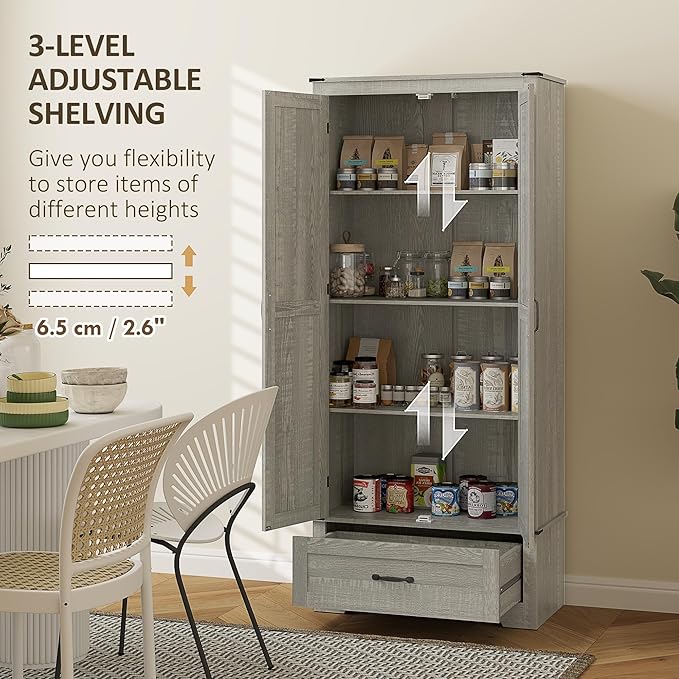 HOMCOM 72" Tall Farmhouse Kitchen Pantry Cabinet - Kitchen Storage Cabinet with Adjustable Shelves & 2 Barn Doors & Drawer, Versatile Storage Unit for Dining Room, Distressed Light Gray