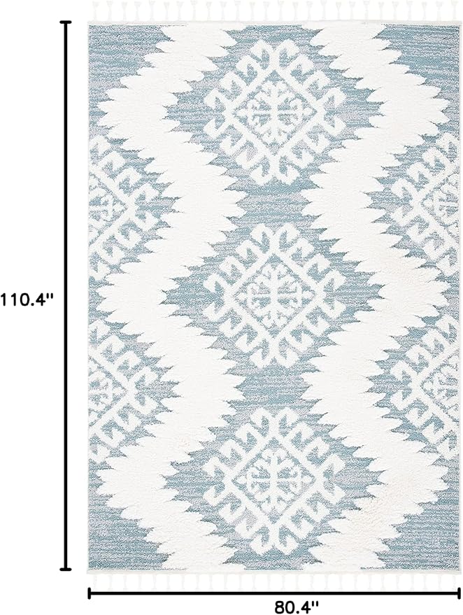 SAFAVIEH Moroccan Tassel Shag Collection Area Rug - 6'7" x 9'2", Teal & Ivory, Rustic Trellis, Non-Shedding & Easy Care, 2-inch Thick Ideal for High Traffic Areas in Living Room, Bedroom (MTS652K)