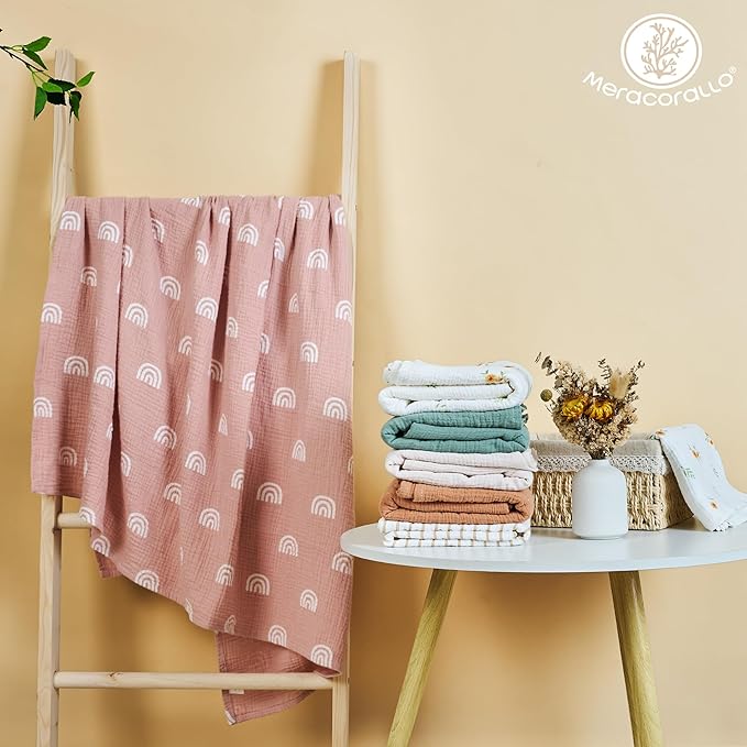 Meracorallo Muslin Swaddle Blanket, 100% Cotton Receiving Blanket Soft and Breathable Swaddle Wrap for Baby Boys and Girls, Rainbow
