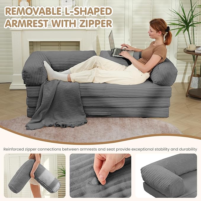 Convertible Sofa Bed King,5-in-1 Folding Boneless Couch Corduroy Futon Sofa Bed,Tri-Fold Mattress with Removable Armrests & Handle,Sleeper with Pull Out Bed for Small Space Living Room Bedroom
