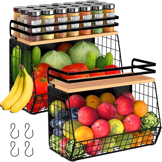 2 Pack Magnetic Spice Storage Rack Organizer for Refrigerator, Magnetic Shelf for Fridge with Wood Lid, Organizer for Kitchen & Laundry, Potato and Onion Storage Bins, Large Container, Strong Magnets