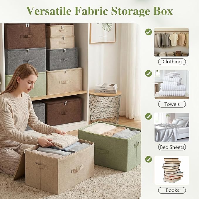 ANMINY 3PCS Storage Bins with Zipper Lids 36 Qt Lidded Fabric Storage Boxes Baskets Cubes with Handles Collapsible Washable Cotton Linen Closet Shelf Clothes Organizer Containers - Green, Large