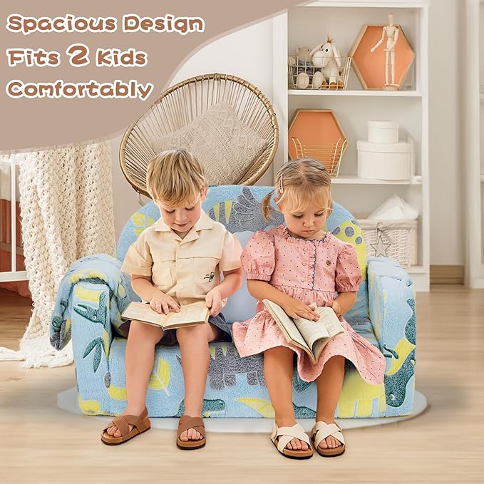 Extra Wide Kids Couch, 2-in-1 Soft Toddler Couch with Blanket, Glow in The Dark, Comfy Toddler Chair with Cloud Pillow, Convertible Sofa, Dinosaur