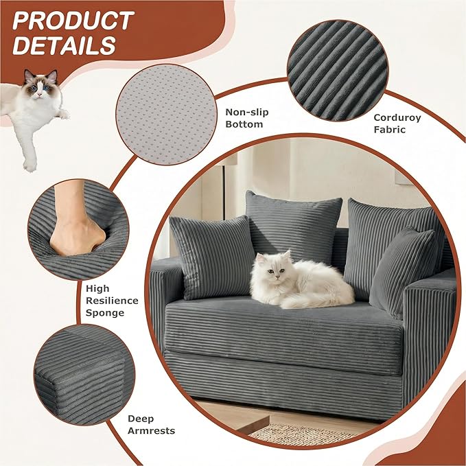 Convertible Sofa Bed, 5 In 1 Small Boneless Couch Pull Out Loveseat Sleeper Sofa,Corduroy Futon Couch Folding Mattress with 4 Pillows for Living Room Bedroom Lounge (No Assembly) (Gray, 58Inch)