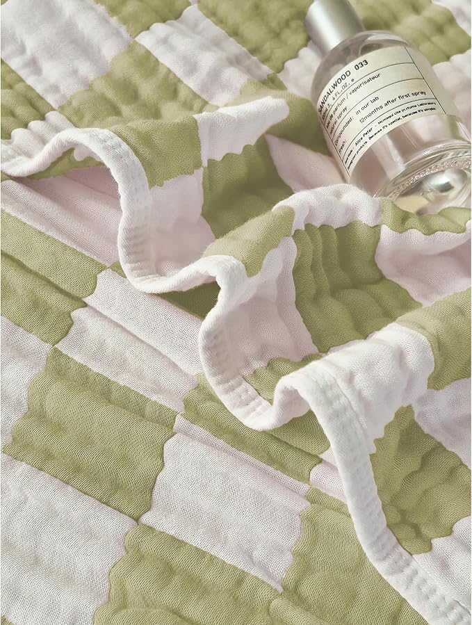 Ultra Soft Cozy 6-Layer Muslin 100% Cotton Checkered Queen Size 90"x90" Bed Blanket Breathable Lightweight Checkboard Bed Blankets Decorative for Sofa Bed All Seasons Both Sides Green