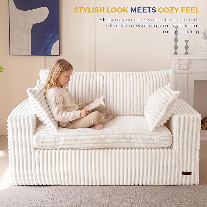 MAXYOYO 59" Bean Bag Sofa Couch, Loveseat Boneless Couch in a Box, Upholstered Small Mini Sofa with Deep Seating for Living Room Bedroom Office Apartment, No Assembly, Beige