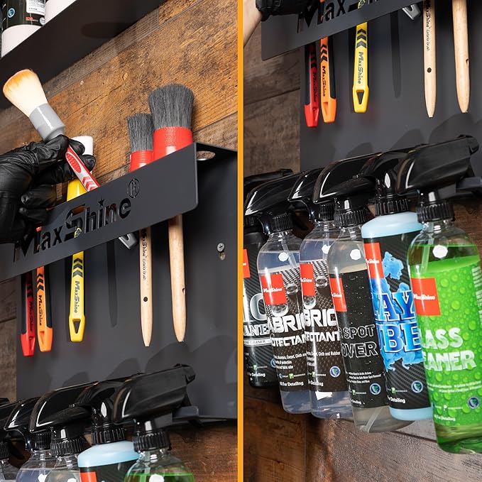 Universal Brush & Trigger Bottle Holder (2-Pack) – Wall-Mount Organizer Holds 20 Brushes & 12 Spray Bottles – Black Powder-Coated Metal Rack for Garage, Auto Detailing Shop & Car Care Storage