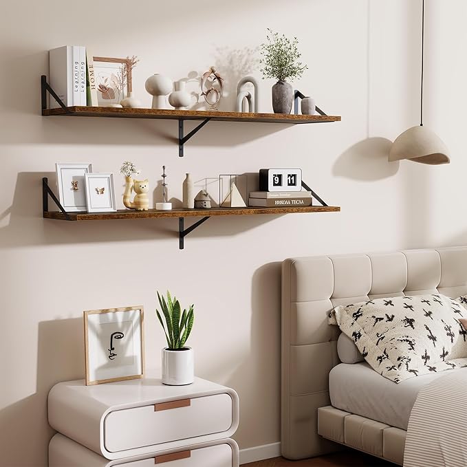 48inch Floating Shelves for Wall,10" Deep Floating Shelves with Metal Brackets,Wall Mounted Hanging Floating Shelf,Wide Display Shelves for Living Room,Bedroom,Office,Kitchen,Rustic Brown
