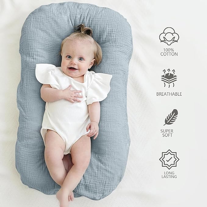 Muslin Baby Cover for Newborn, Soft and Breathable 100% Cotton Lounger Slipcover Neutral, Pack of 2(Dark Blue)