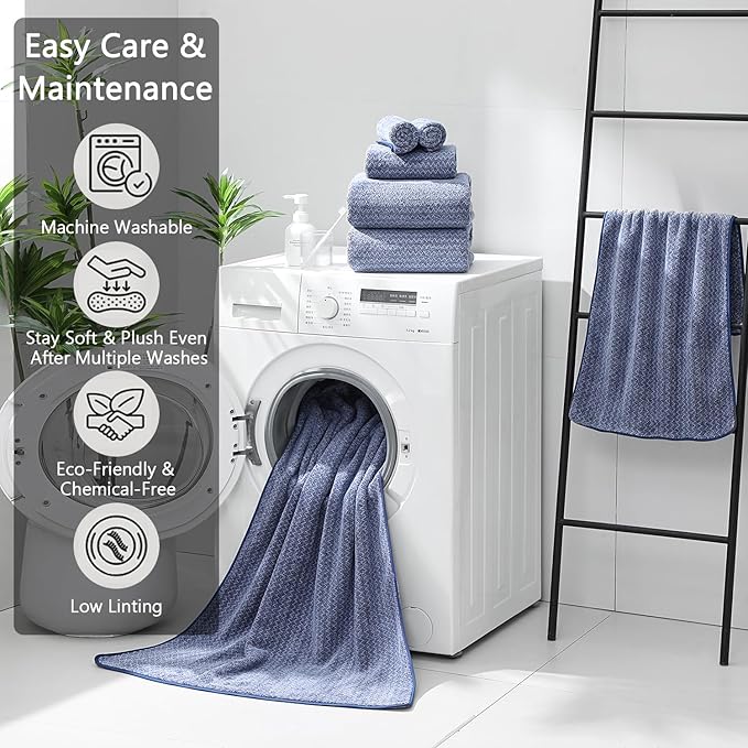 18 Piece Bath Towels Set,100% Microfiber Family Bathroom Towel with Hanging Loops-6 Bath Towels,6 Hand Towels,6 Washcloths,Quick Dry Highly Absorbent Shower Towel for Bathroom,Hotel,Spa-Navy