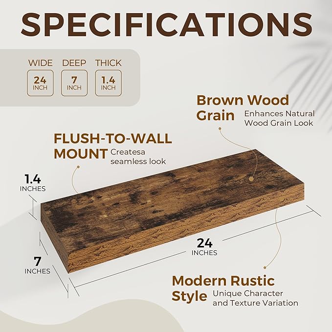 Dreamland 24 Inches Floating Shelves for Wall,6.7 Inch Deep Floating Shelves Set of 2, Large Display & Storage Shelf, Wall Shelf for Bathroom Bedroom Living Room Kitchen Office,Rustic Brown