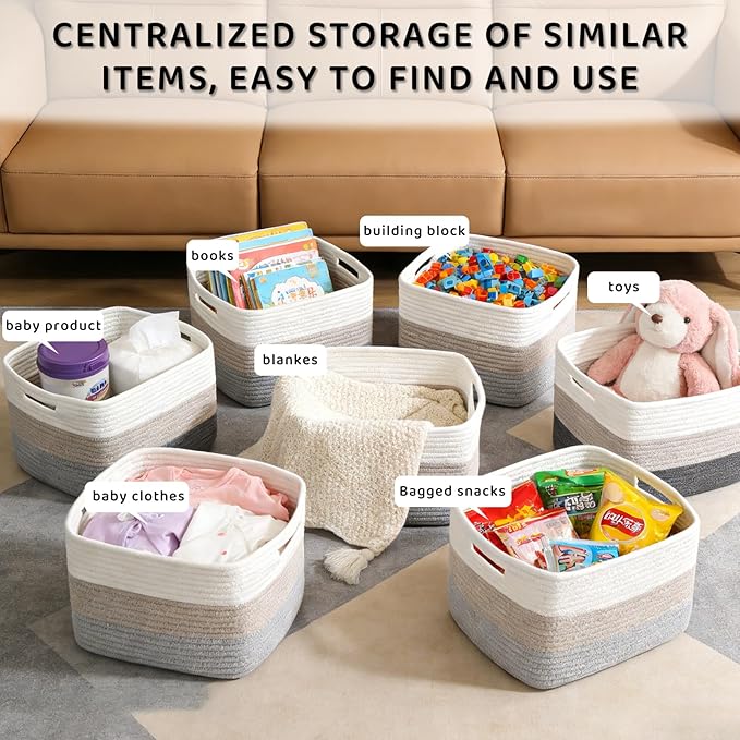 4 Pack Storage Baskets for Organizing, 12''Lx10''Wx8''H Woven Baskets for Storage Toys, Towels, Books, and Clothes, Cotton Rope Basket for Shelves with Handle (White & Grey)