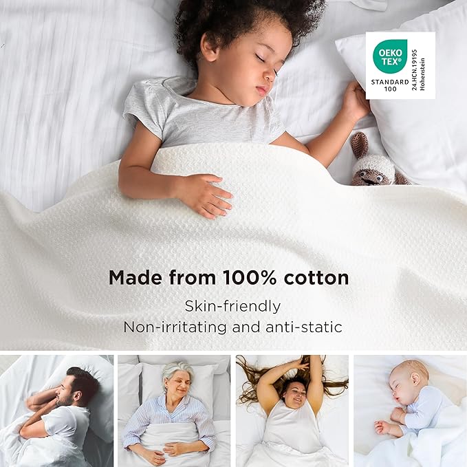 Bedsure GentleSoft 100% Cotton Blanket King Size for Bed - Breathable and Lightweight, Soft Cozy Textured Herringbone Woven Blanket for Summer, White, 108x90 inches