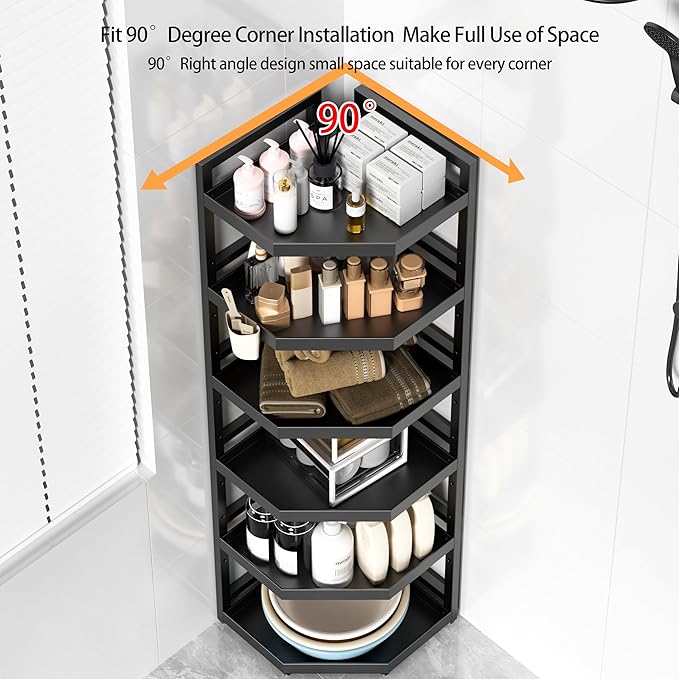 6 Tier Standing Corner Shower Caddy,Waterproof and Rust Proof,Adjustable Height,Multi-functional Tiered Storage for Shower Gel,Shampoo,Cosmetics,Kitchen Supplies,Black