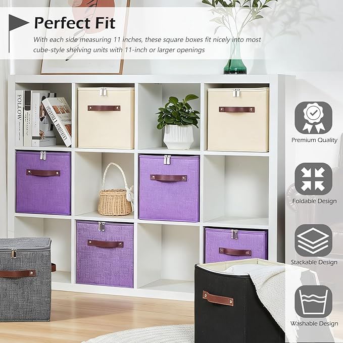 4PCS Storage Cubes with Lid Fabric Storage Bins Boxes PU Leather Handles Cotton Linen Closet Organizer Container Decorative Foldable Washable Shelf Cloth Basket (Zipper Lid, Beige, 11in)