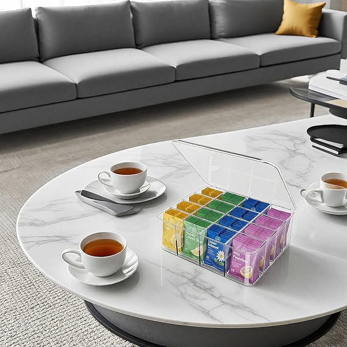 Tea Bags Organizer: Extra Large Tea Bag Holder Organizer with Lid, Acrylic Drink Packets Storage for Cabinet, Counter, Countertop, Drink Packets Caddy for 16 Different Types